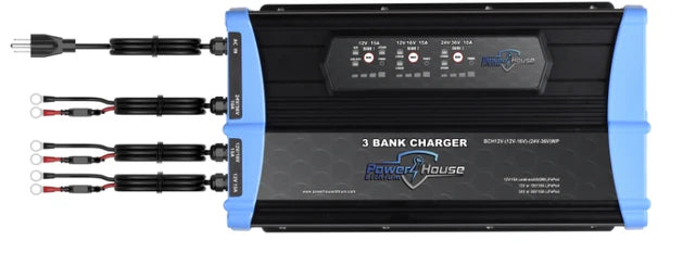 PowerHouse Lithium 12V-(12V-16V)-(24V-36V)WP 3-Bank Waterproof Battery Charger - POSEIDON ELECTRONICS
